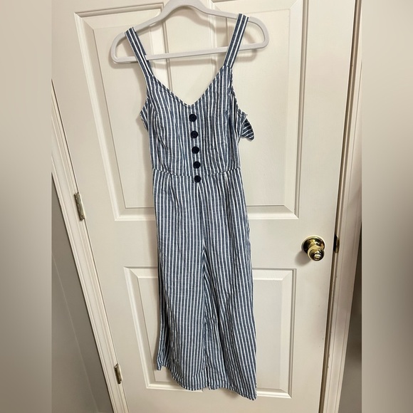 Rachel Rachel Roy Womens Wide-Leg Striped Jumpsuit Navy Linen Blend 0 - Picture 3 of 9